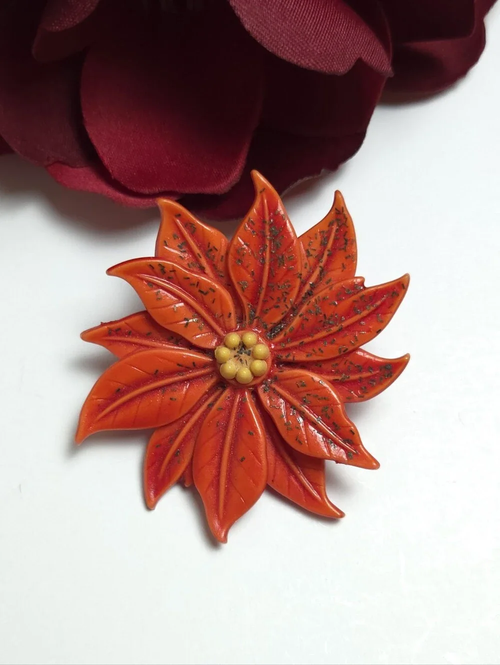 Vintage 1950s Poinsettia Flower Celluloid Acrylic Brooch Red Glitter Flower